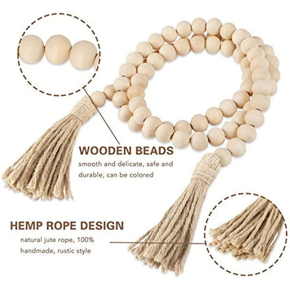Wood Bead Garland with Tassels Rustic Country Decor ,
